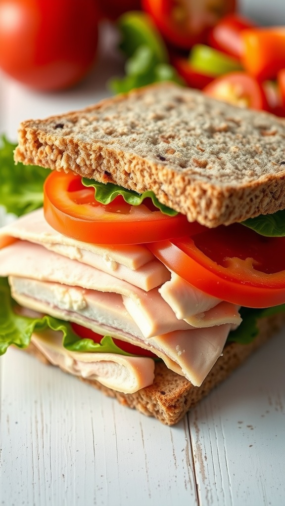 A healthy turkey sandwich with lettuce and tomato on whole grain bread, served with fresh vegetables.
